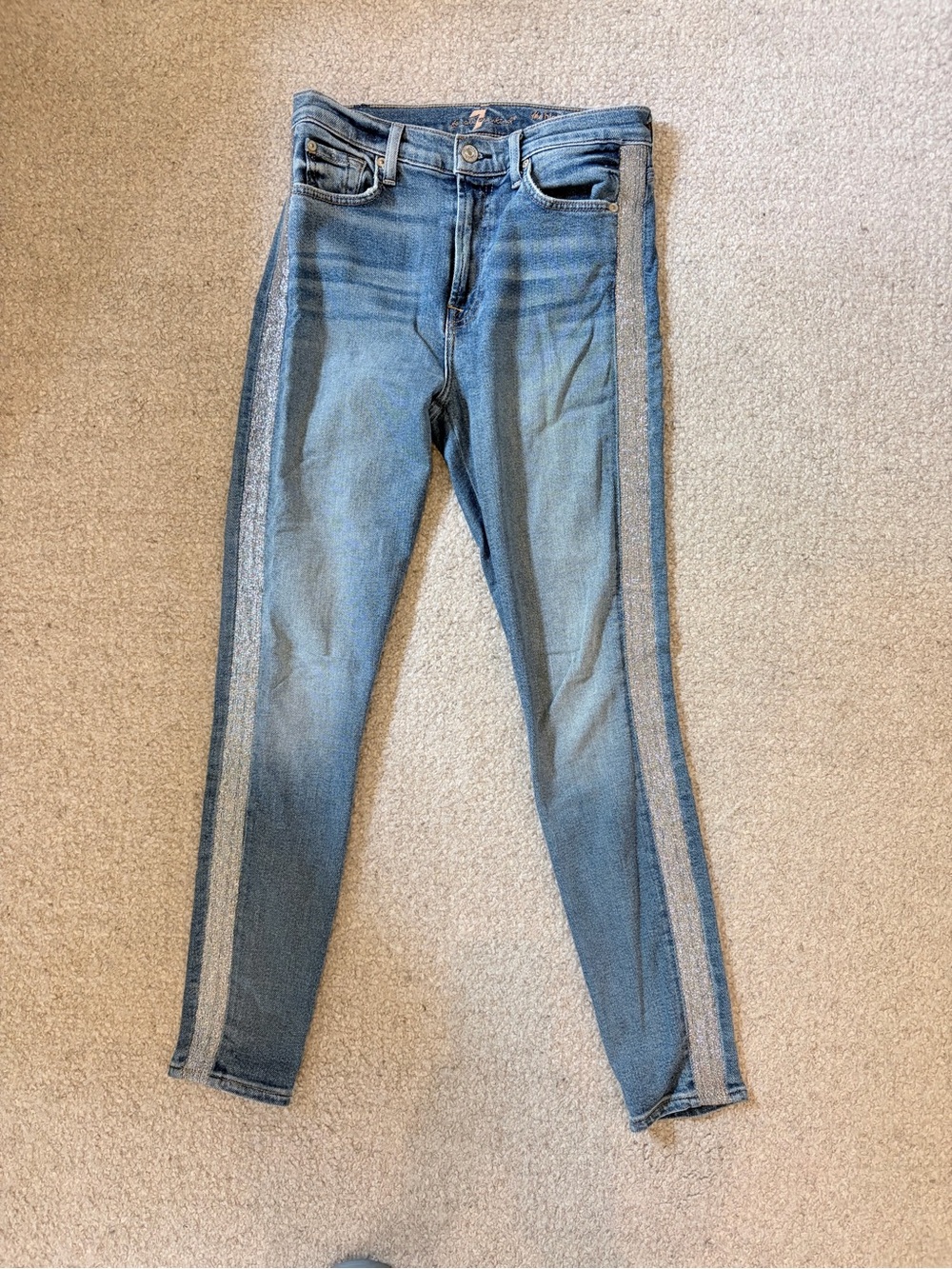 7 For All Mankind Light Blue Skinny Jeans with Metallic Side Stripes. Size 27